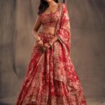 Red & Gold-Toned Embroidered Sequinned Shibori Semi-Stitched Lehenga