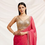 Gold Sequin Embellished Sleeveless Blouse with V Neck