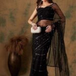 Sangria Striped Embellished Sequinned Net Saree