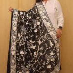 Black Hand Embroidered Parsi Pure Georgette Floral And Bird Design Dupatta