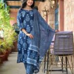 Floral Printed Notch Neck Thread Work Straight Kurta With Trousers & Dupatta