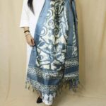 Blue Khadi Silk Printed Dupatta With Tassels